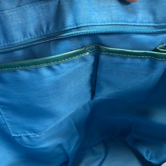 BIG BUDA Turquoise & Tan Geometric Beaded Handle Zip Large Beach/Vacation Tote - Picture 8 of 8